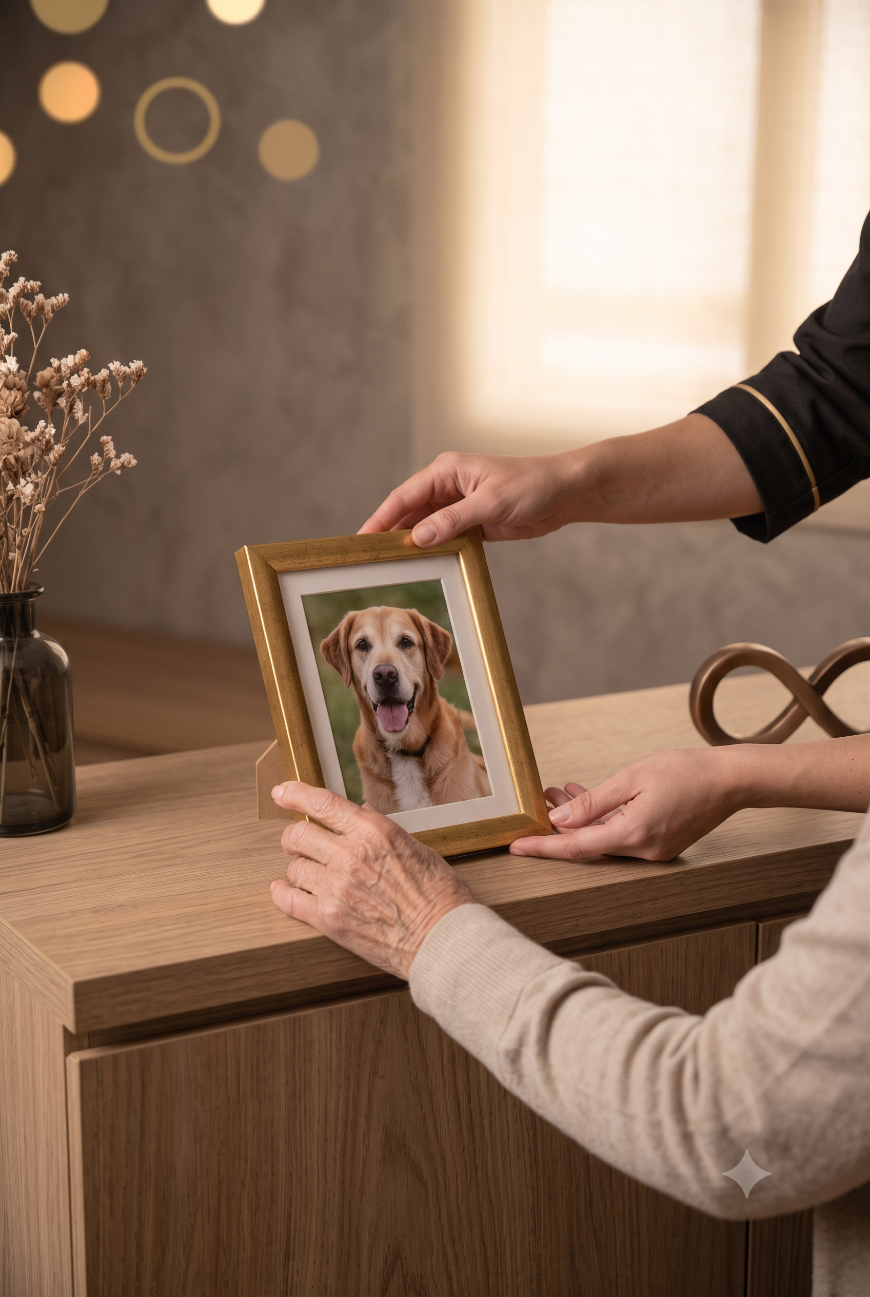Dos personas sosteniendo un marco con la foto de un perro en un entorno respetuoso